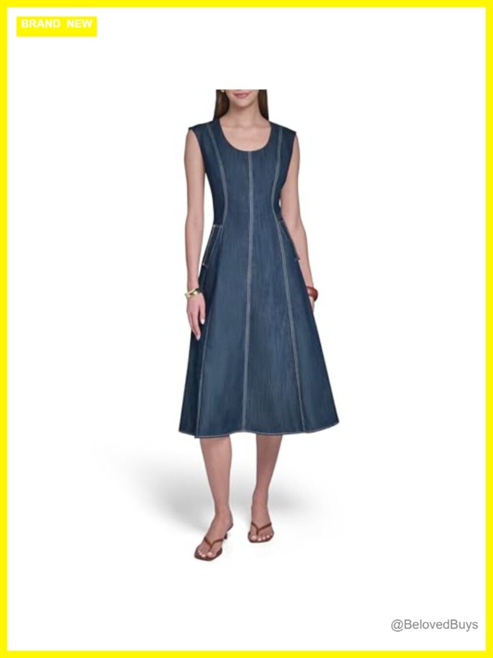 Sleeveless Denim Fit and Flare Midi Dress with Pockets Scoop Neck